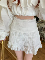 White Lace Trim Ruffled Sweet High Waist A Line Skirt