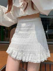 White Lace Trim Ruffled Sweet High Waist A Line Skirt