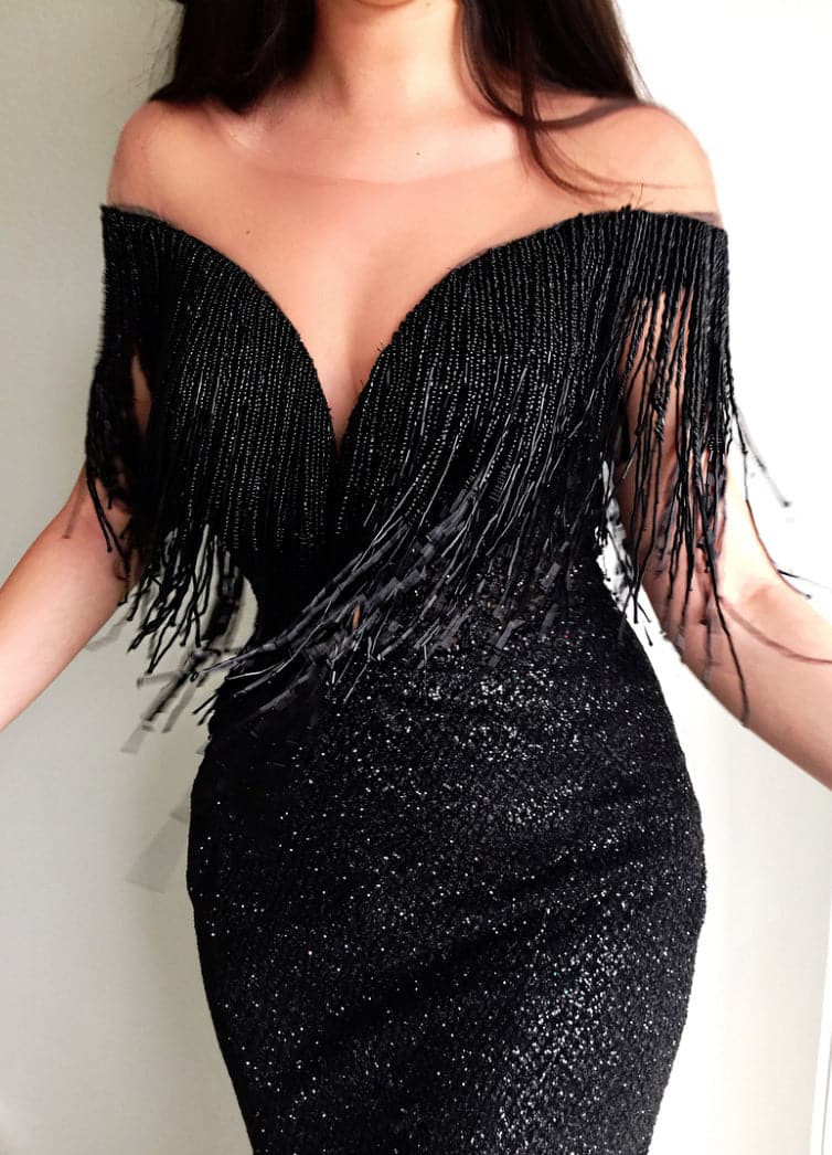 Black Sheer Neck Sparkly Sequins Prom Dresses