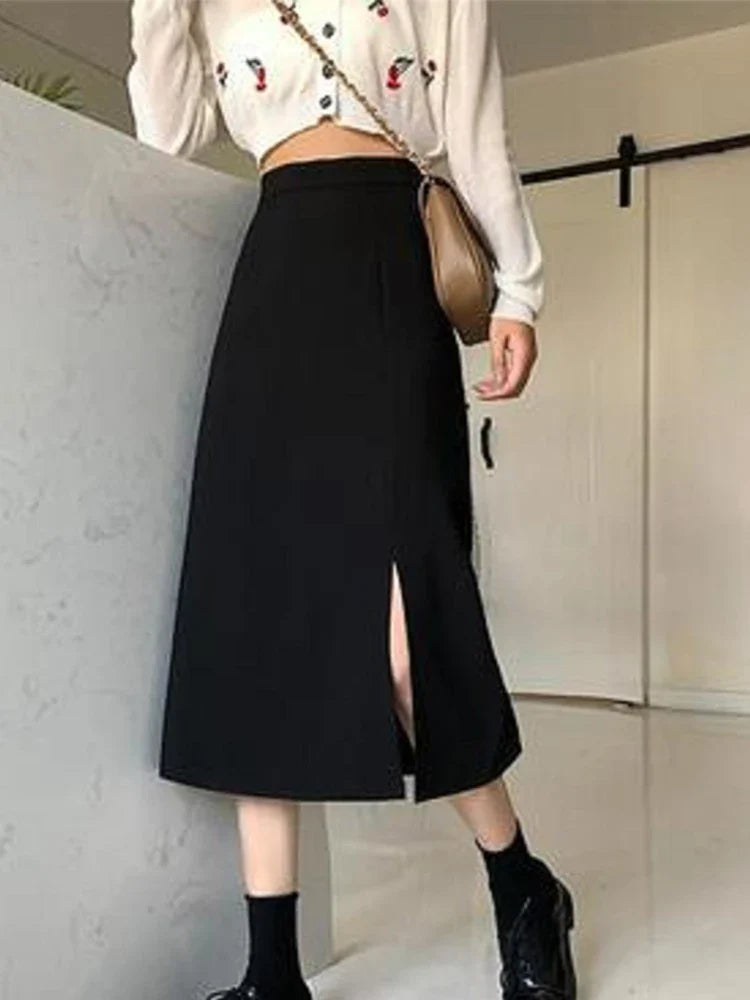 Black Mid calf College A line High Waist Streetwear Female Skirt