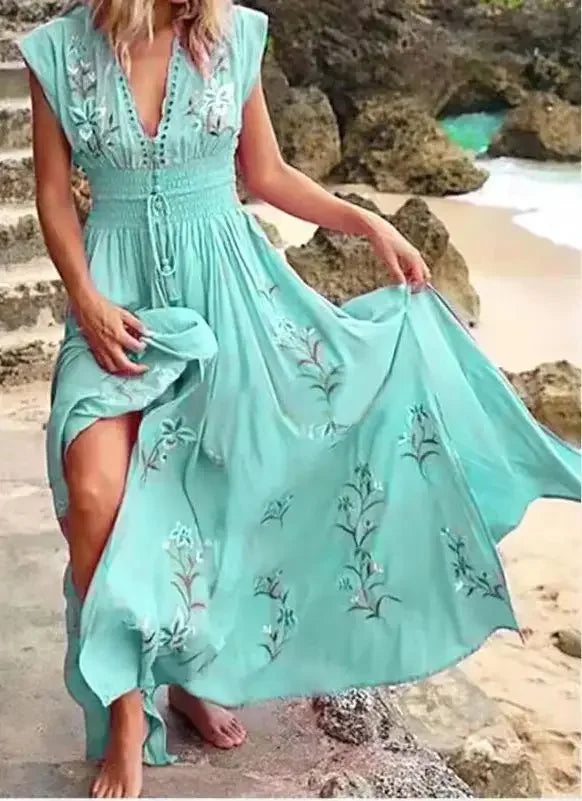 Elegant Boho Floral Print Long Dress V Neck Boho Dress