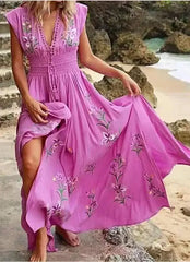 Elegant Boho Floral Print Long Dress V Neck Boho Dress