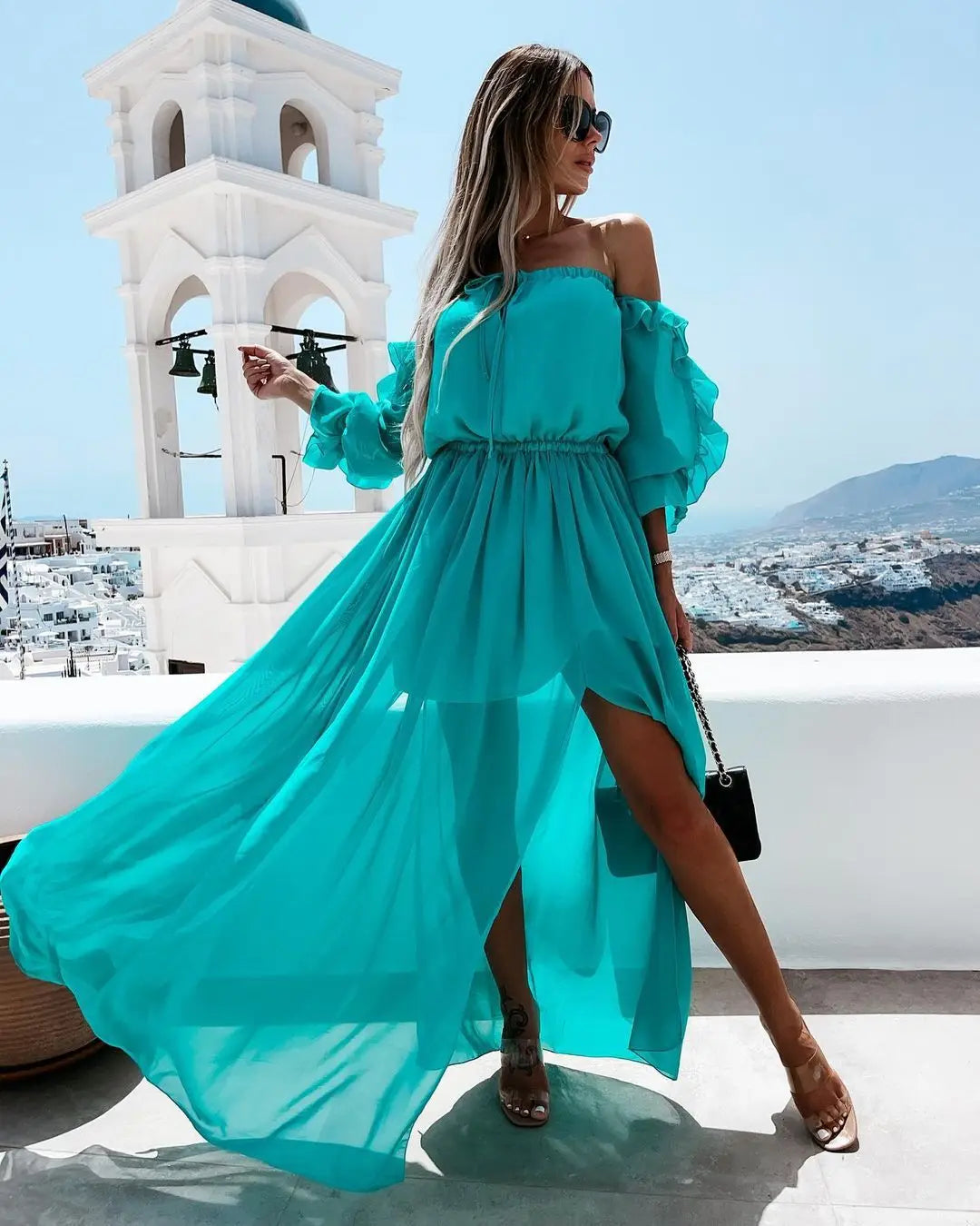 Off Shoulder Chiffon Dress with Solid Color Ruffle Beachwear Boho Dress