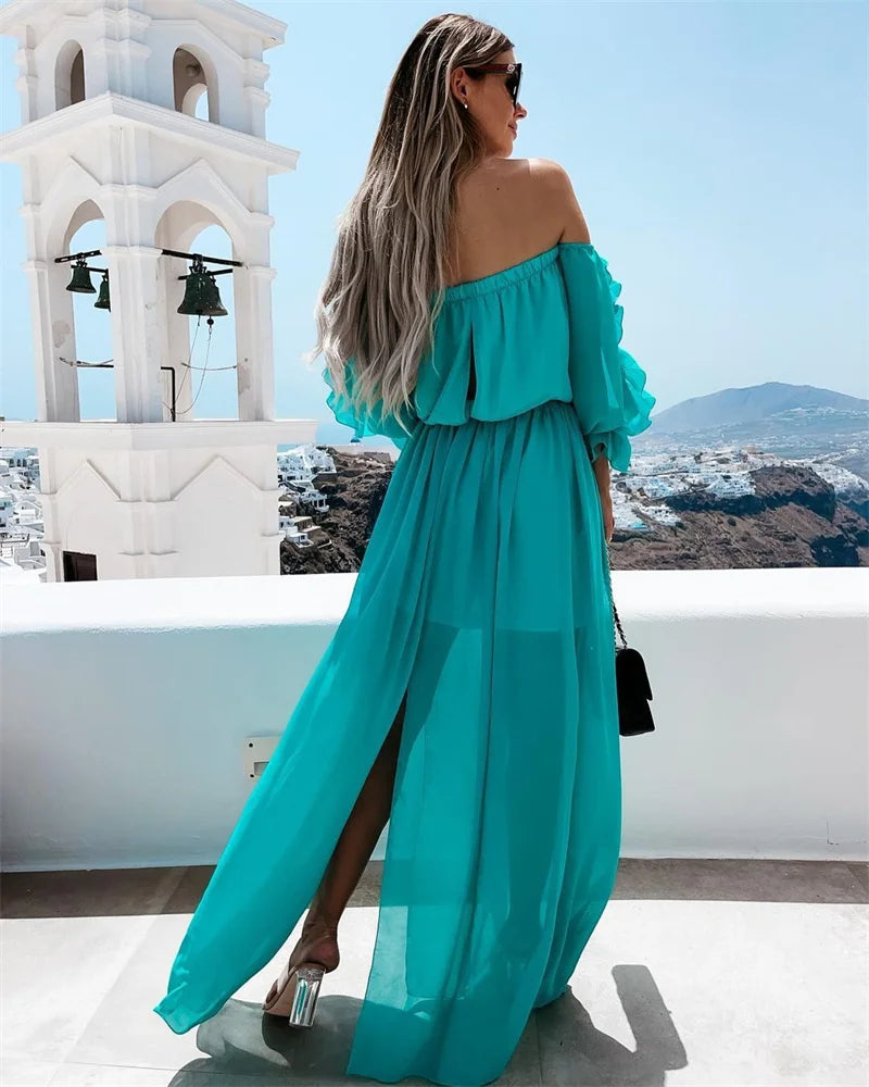 Off Shoulder Chiffon Dress with Solid Color Ruffle Beachwear Boho Dress