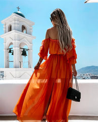 Off Shoulder Chiffon Dress with Solid Color Ruffle Beachwear Boho Dress