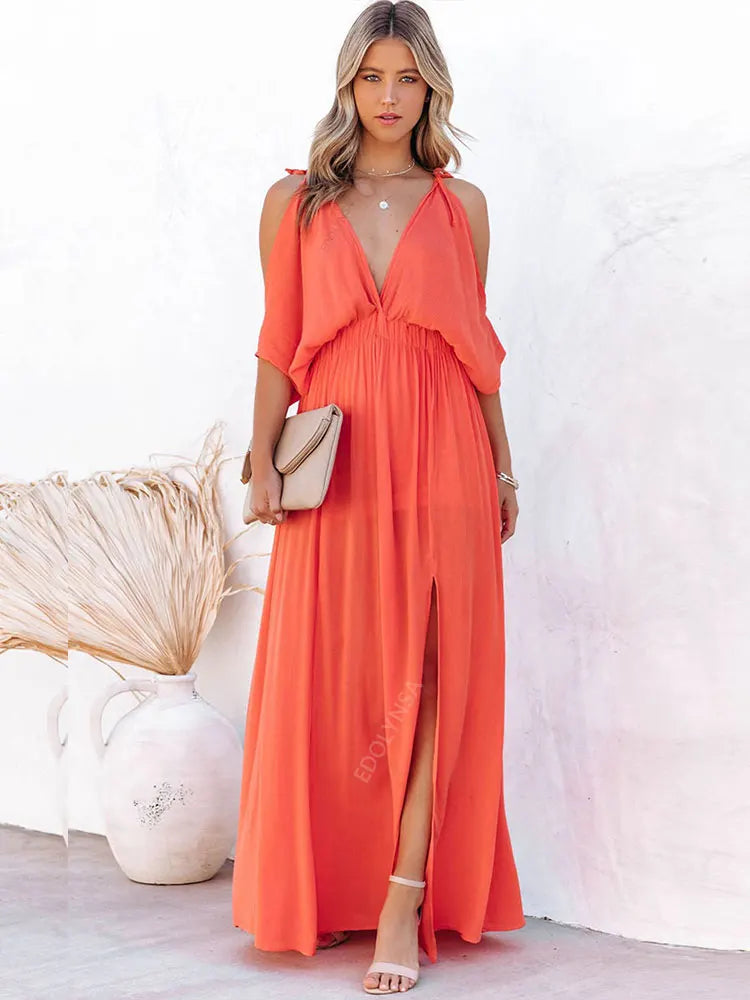 Off Shoulder Slit Maxi Boho Beach Dress