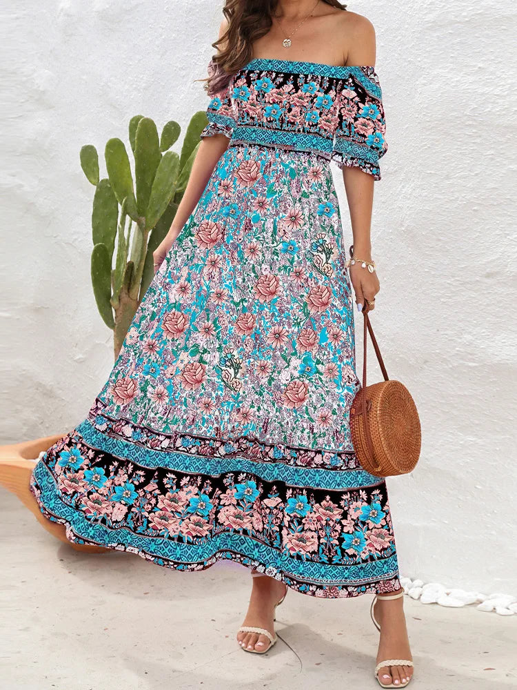 Summer Beach Bohemian Casual Boho Dress with Short Sleeves