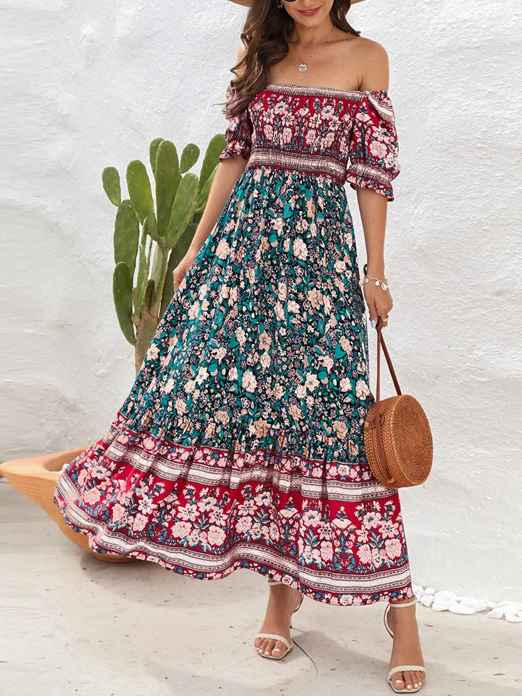 Summer Beach Bohemian Casual Boho Dress with Short Sleeves