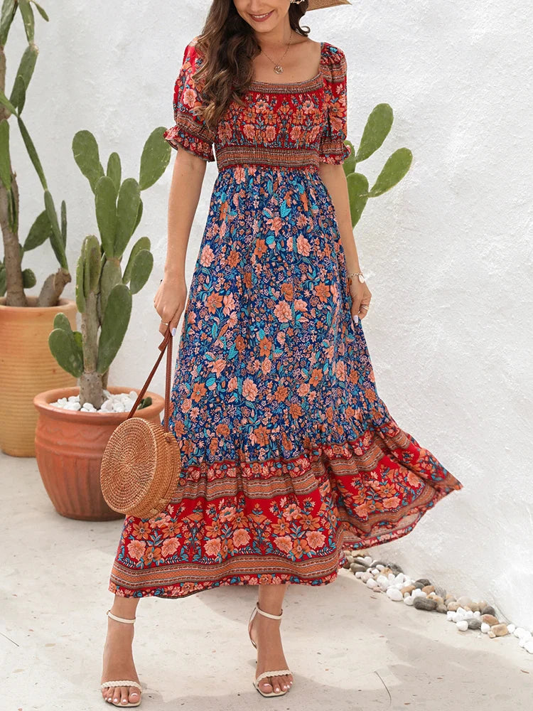 Summer Beach Bohemian Casual Boho Dress with Short Sleeves