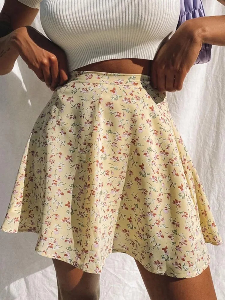 New Boho Floral High Waist Pleated Skirt