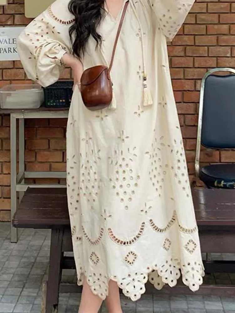 Korean Style Vintage Long Sleeve V Neck Boho Hollow Out Maxi Dress