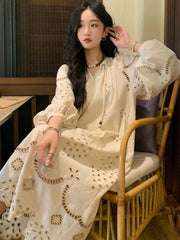 Korean Style Vintage Long Sleeve V Neck Boho Hollow Out Maxi Dress