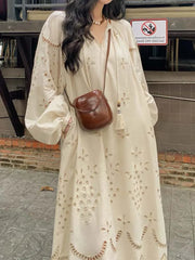 Korean Style Vintage Long Sleeve V Neck Boho Hollow Out Maxi Dress