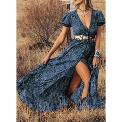 Floral Print Chiffon Three Quarter Sleeve V neck Boho Long Dress