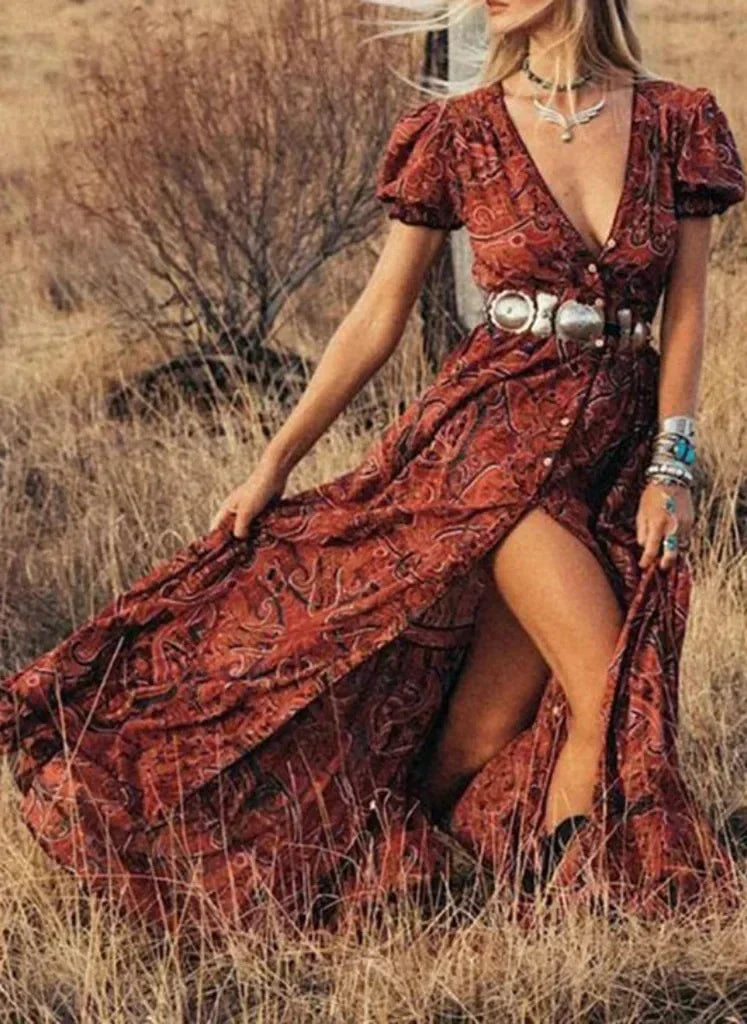 Floral Print Chiffon Three Quarter Sleeve V neck Boho Long Dress