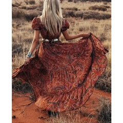 Floral Print Chiffon Three Quarter Sleeve V neck Boho Long Dress