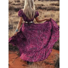 Floral Print Chiffon Three Quarter Sleeve V neck Boho Long Dress