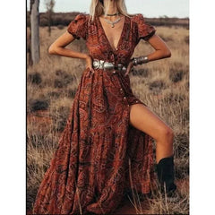 Floral Print Chiffon Three Quarter Sleeve V neck Boho Long Dress