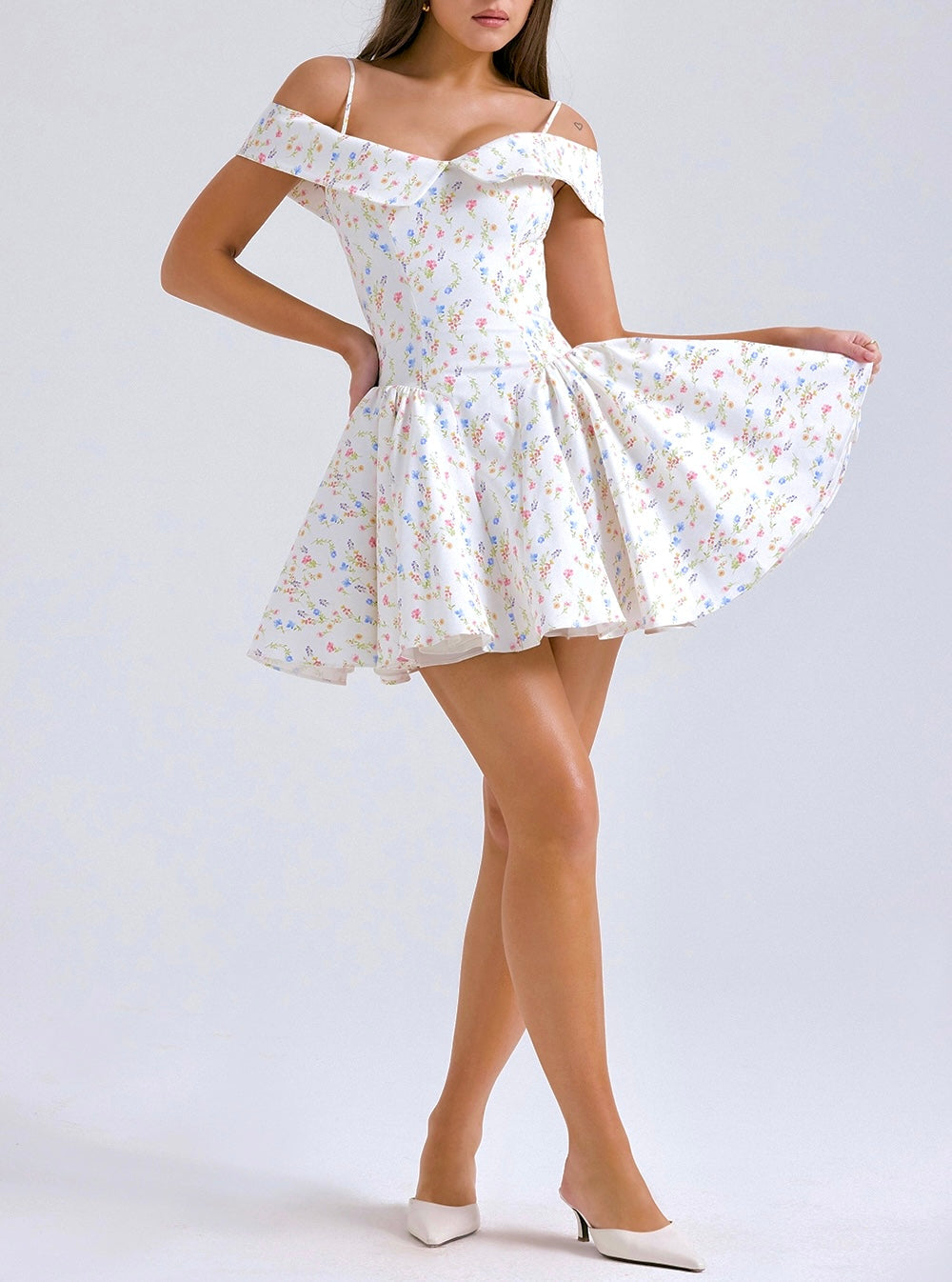 White Floral Print Off-Shoulder Mini Dress