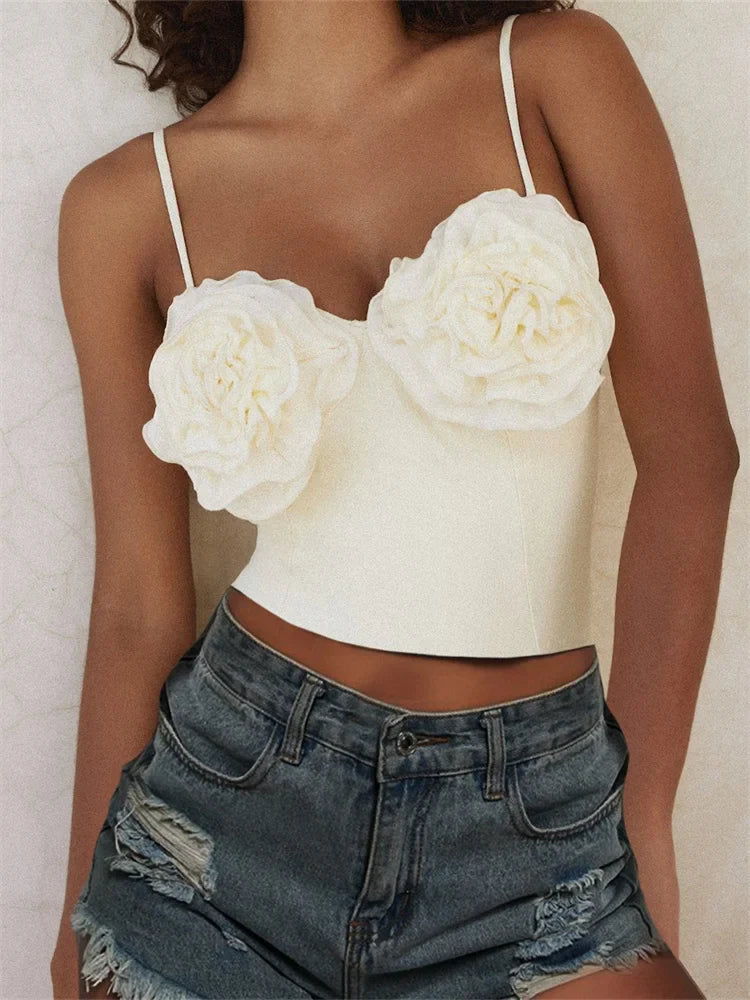 3D Flower Patchwork for  Girls Sleeveless Strap V neck Summer Streetwear Slim Fit Mini Vest Crop Top