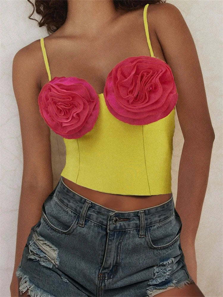 3D Flower Patchwork for  Girls Sleeveless Strap V neck Summer Streetwear Slim Fit Mini Vest Crop Top