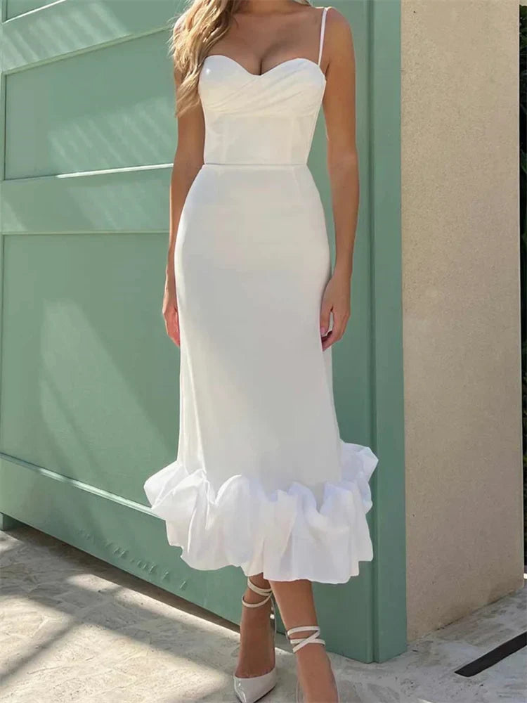 Elegant Cocktail Sleeveless Low Cut V-Neck Slim Ruched Ruffles Midi