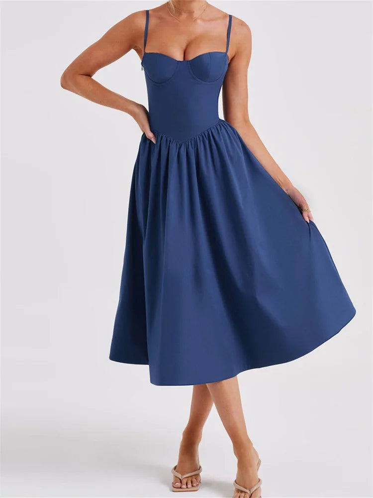 Elegant Solid Color Sleeveless Strap Low Cut Backless Formal Midi Dres