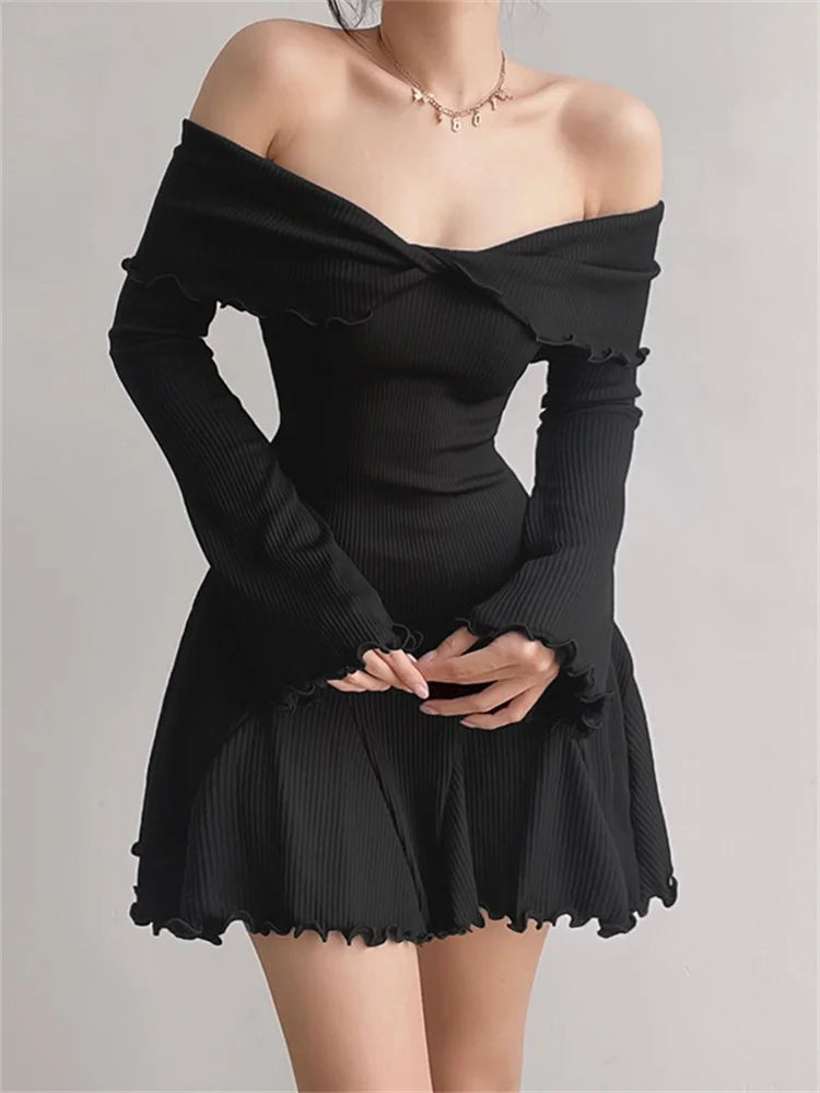 Long Flare Sleeve Ribbed Slash Neck Mini Dresses – JeeBas