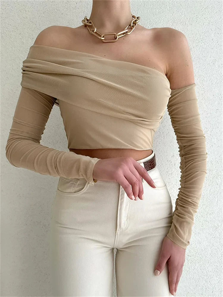 See Off Mesh Sheer See Through Crop Off Shoulder Ruched Long Sleeve Summer New ...