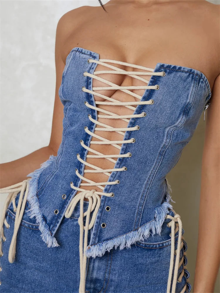 Bustiers Corsets Summer Party Clubwear Strapless Off Shoulder Criss cross Tie up Irregular Hem Vests Crop Top