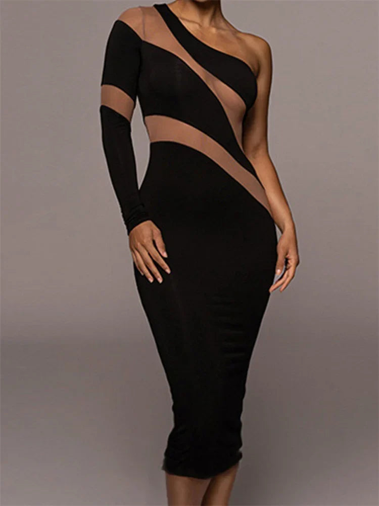 Bodycon Sheer Patchwork Off Shoulder Long Sleeve Party Midi Dress – JeeBas