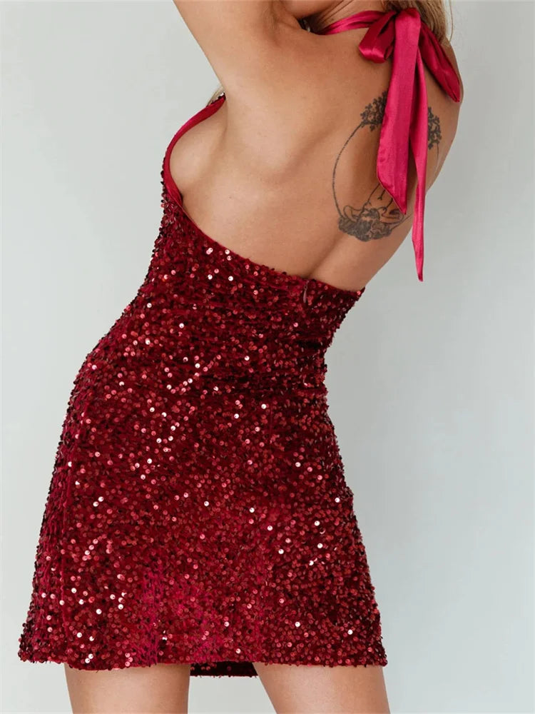 Glitter Halter Party  Sequined Tie Up Mini Dresses