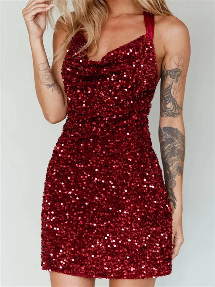 Glitter Halter Party  Sequined Tie Up Mini Dresses