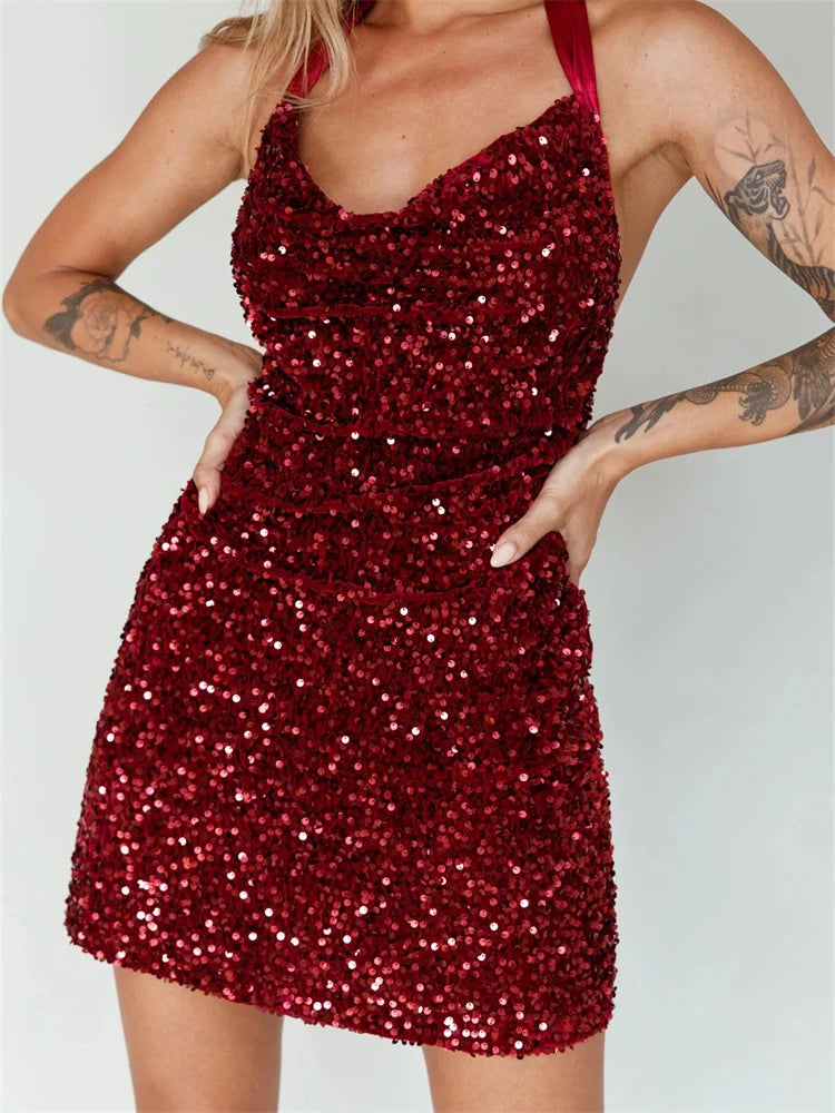 Glitter Halter Party  Sequined Tie Up Mini Dresses