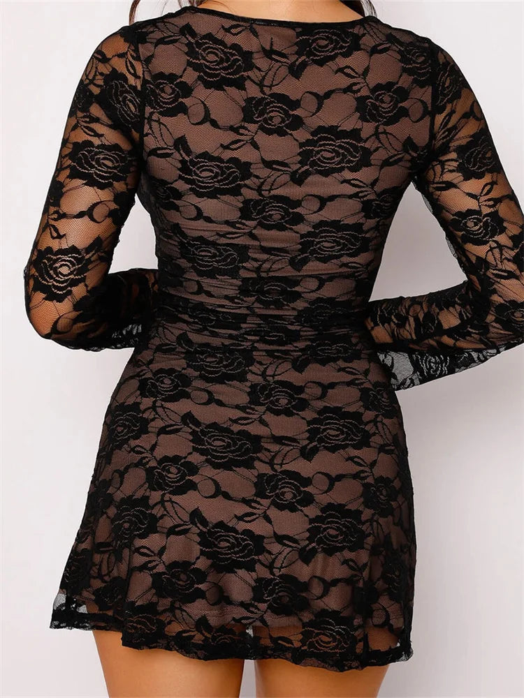 Sensual Lace V-neck Mesh Mini Dresses – JeeBas