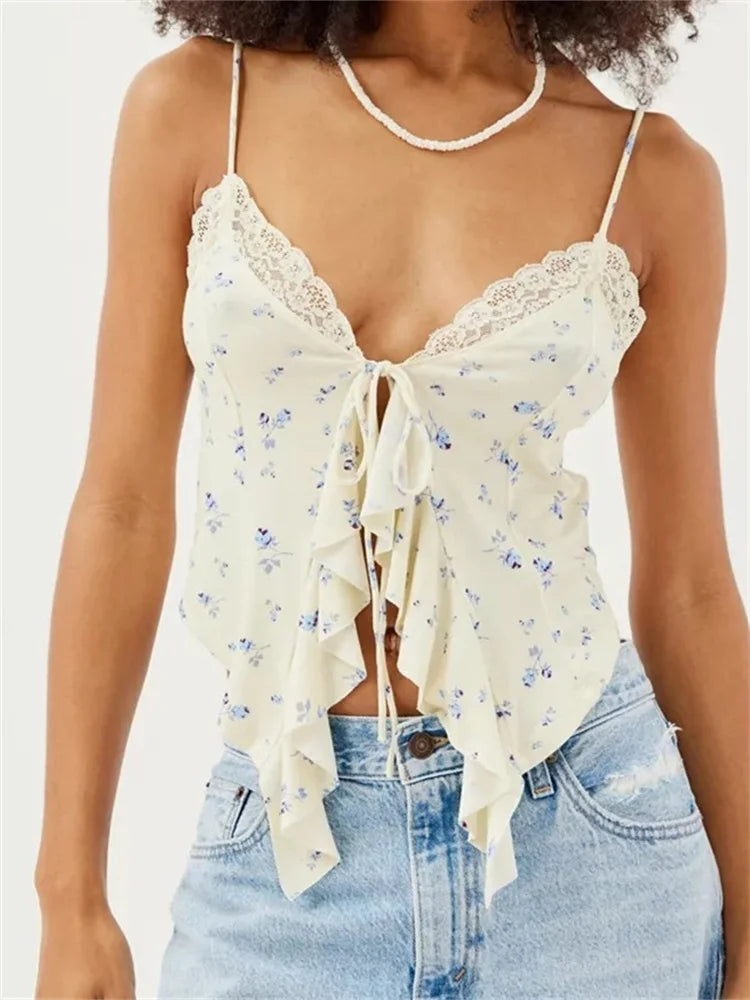 Floral Print Lace Patchwork V neck Front Split Tie up Ruffle Summer Strap Mini Crop Top