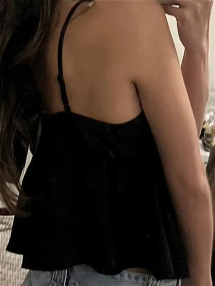 Vintage Lace Patchwork Deep V neck for Sleeveless Strap Front Split Y2K Black Lace up Mini Vest  Crop Top