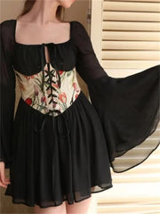 Off Shoulder 3D Flowers Long Sleeve Mini Dresses