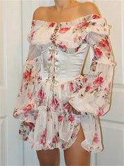 Off Shoulder 3D Flowers Long Sleeve Mini Dresses