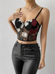Embroidery Floral Bustiers Spaghetti Strap Mesh Sheer Corsets Party Club Mini Vest Crop Top