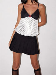Vintage Camisoles Sleeveless V neck Backless Lace Patchwork Dot Print Summer Mini Vest for Party Club  Crop Top