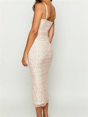 Vintage Floral Print Sleeveless Strap Summer Slim Fit V Neck Midi Dress