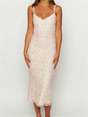 Vintage Floral Print Sleeveless Strap Summer Slim Fit V Neck Midi Dress