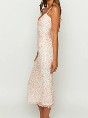 Vintage Floral Print Sleeveless Strap Summer Slim Fit V Neck Midi Dress
