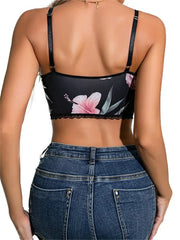 Vintage Summer Mini Vest Black Sleeveless Strap Backless Deep V Neck Floral Print Streetwear  New Crop Top