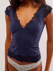 Vintage T shirts V Neck Short Sleeve Backless Lace Patchwork Summer Party Slim Fit Tees Streetwear  Crop Top