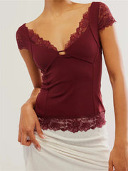 Vintage T shirts V Neck Short Sleeve Backless Lace Patchwork Summer Party Slim Fit Tees Streetwear  Crop Top