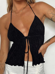 Backless Halter Tie up Cute Mini Vest Sleeveless Deep V neck Off Shoulder Streetwear  Crop Top