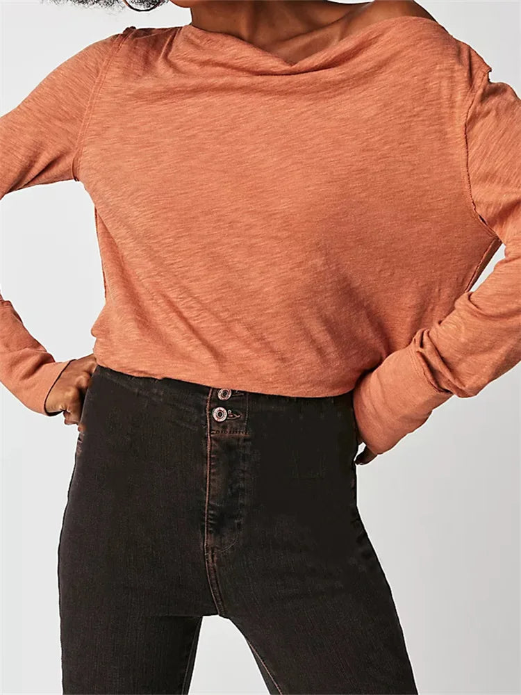 Spring Color Shirts Women Casual Loose Fit Solid Color Spring Fall Pullovers Basic Tees ...