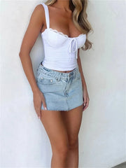Corsets Top Sleeveless Lace Trim Front Tie up Solid Color Slim Fit Bustiers Exposed Navel Summer Vest  Crop Top